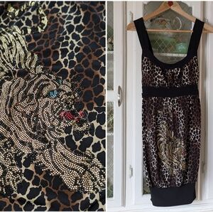 Y2K Ed Hardy Embellished Leopard Print and Gold Stud Logo Dress
